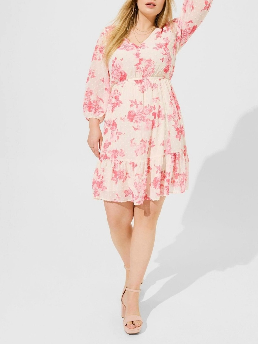 Torrid Size 1 Babydoll Dress Swiss Dot Cream Pink Roses